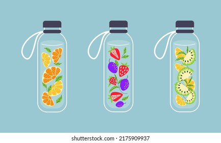 Fruit, berries infused water in glass reusable bottles. Detox, refreshment drink healthy water in jar. Cooling beverages, summer drinks. Sustainable lifestyle. Modern zero waste flat illustration. 