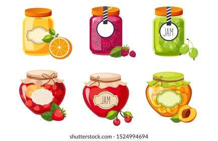 Fruit and Berries Jam Jar Glasses Set, Strawberry, Apricot, Raspberry, Orange, Cherry, Gooseberry Vector Illustration