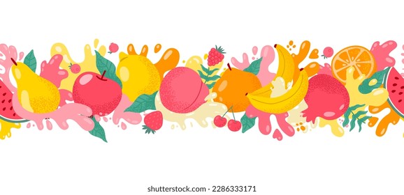 Fruit and berries juice splash border. Seamless pattern with sweet fruit and berry, fresh juicy splashes apple, banana, pear, peach. Vector illustration. Tropical and seasonal tasty food