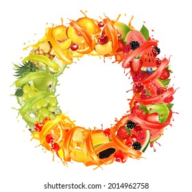 Fruit and berries in juice splash circle frame. Strawberry, raspberry, blueberry, blackberry, orange, guava, watermelon, pineapple, mango, peach. Vector.