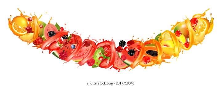 Fruit and berries in juice splash frame. Strawberry, raspberry, blueberry, blackberry, orange, guava, watermelon, pineapple, mango, peach, papaya. Vector.