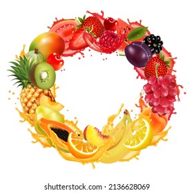 Fruit and berries in juice splash frame. Strawberry, raspberry, blueberry, blackberry, orange, guava, watermelon, pineapple, mango, peach, apple, kiwi, banana. Vector.