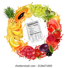 Fruit and berries in juice splash frame with a nutrition facts label. Strawberry, raspberry, blueberry, blackberry, orange, guava, watermelon, pineapple, mango. Vector