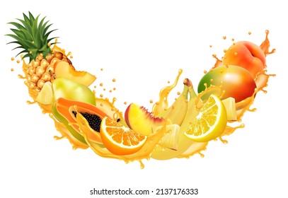 Fruit and berries in juice splash frame. Orange, pineapple, mango, peach, papaya, banana, pear. Vector.