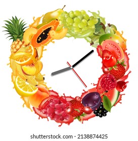 Fruit and berries in juice splash frame with a clock. Strawberry, raspberry, blueberry, blackberry, orange, guava, watermelon, pineapple, mango. Diet time concept. Vector.
