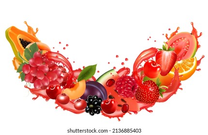 Fruit And Berries In Juice Splash. Papaya, Orange, Guava, Mango, Peach, Strawberry, Vine, Pear, Raspberry, Blackberry, Cherry. Vector.