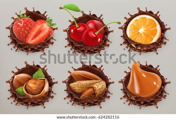 果物 ベリー ナッツ リアルなイラスト チョコレートスプラッシュ3dベクター画像アイコンセット のベクター画像素材 ロイヤリティフリー