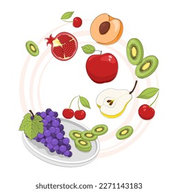 Fruit and berries on a plate. Vegan concept illustration