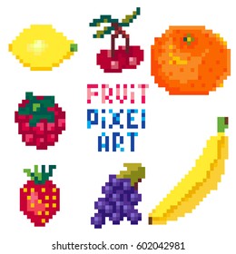 Fruit And Berries. Pixel Art Retro Icons For Video Game Design 8 Bit. Old School Computer Graphic Style. Vector Illustration On White Background. Eps 10.