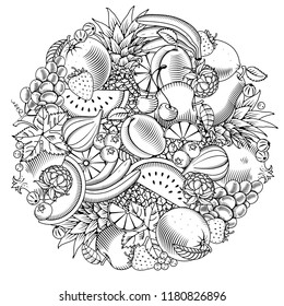 Frutas y bayas de diseño redondeado con doodle dibujado a mano o con un estilo grabado. Blanco y negro. Ilustración vectorial.
