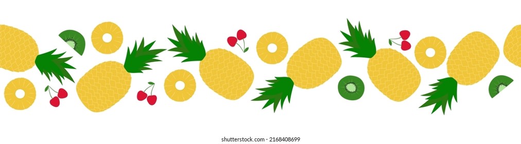 Fruit and berries seamless border. Cartoon pineapples, kiwi fruit and cherries on white background. Vector illustration