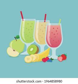 Fruit and berries smoothie with apple, kiwi, banana, strawberries, blueberries and raspberries. Vector illustration
