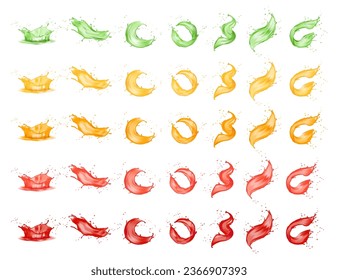 Fruit berries splashing juice or jam, isolated paint splashes realistic vector collection. Splash juice realistic juicy splatter spiral waves, smoothie swirls, green and yellow, red and orange flows