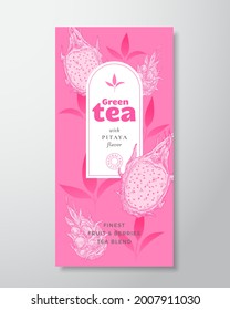 Fruit and Berries Tea Label Template. Abstract Vector Packaging Design Layout with Realistic Shadows. Hand Drawn Pitaya or Dragonfruit with Half and Leaves Decor Silhouettes Background. Isolated.