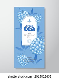 Fruit and Berries Tea Label Template. Abstract Vector Packaging Design Layout with Realistic Shadows. Hand Drawn Blackberry and Leaves Decor Silhouettes Background. Isolated.