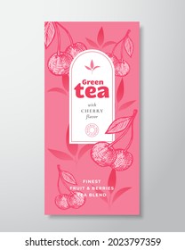 Fruit and Berries Tea Label Template. Abstract Vector Packaging Design Layout with Realistic Shadows. Hand Drawn Cherry and Leaves Decor Silhouettes Background. Isolated.
