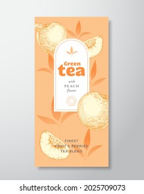 Fruit and Berries Tea Label Template. Abstract Vector Packaging Design Layout with Realistic Shadows. Hand Drawn Peach with Half and Leaves Decor Silhouettes Background. Isolated.