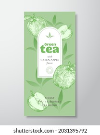 Fruit and Berries Tea Label Template. Abstract Vector Packaging Design Layout with Realistic Shadows. Hand Drawn Apple with Half and Leaves Decor Silhouettes Background. Isolated.