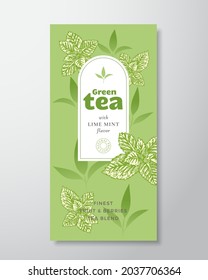 Fruit and Berries Tea Label Template. Abstract Vector Packaging Design Layout with Realistic Shadows. Hand Drawn Mint Leaves and Leaves Decor Silhouettes Background. Isolated.