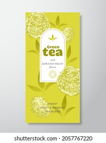 Plantilla de etiqueta de té de frutas y bayas. Diseño de empaquetado de vectores abstracto con sombras realistas. Fruta Kiwano dibujada a mano y hojas de té en el fondo de las Silhouettes de decoración. Aislado.