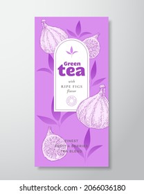 Fruit and Berries Tea Label Template. Abstract Vector Packaging Design Layout with Realistic Shadows. Hand Drawn fig with Slice and Leaves Decor Silhouettes Background. Isolated.