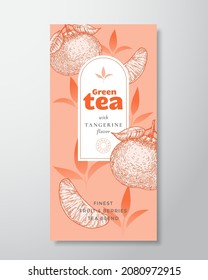 Fruit and Berries Tea Label Template. Abstract Vector Packaging Design Layout with Realistic Shadows. Hand Drawn Tangerine Fruit and Tea Leaves Decor Silhouettes Background. Isolated.