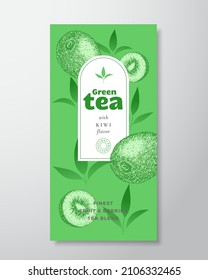 Fruit and Berries Tea Label Template. Abstract Vector Packaging Design Layout with Realistic Shadows. Hand Drawn Kiwi Fruit and Tea Leaves Decor Silhouettes Background. Isolated