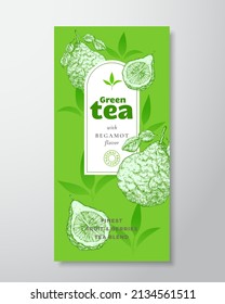 Fruit and Berries Tea Label Template. Abstract Vector Packaging Design Layout with Realistic Shadows. Hand Drawn Bergamot Fruit and Tea Leaves Decor Silhouettes Background Isolated