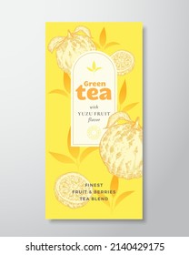 Fruit and Berries Tea Label Template. Abstract Vector Packaging Design Layout with Realistic Shadows. Hand Drawn Yuzu Fruit and Tea Leaves Decor Silhouettes Background. Isolated