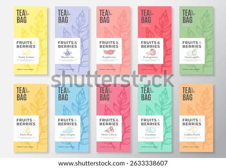 Fruit and Berries Tea Labels Collection. Abstract Vector Packaging Design Layouts Set with Realistic Shadows. Modern Typography, Hand Drawn Tea Leaves Silhouettes Background. Beverage Emblems Isolated
