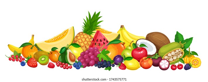 Fruit and berries vector banner. Vegetarian Food Raspberries, Strawberries, Grapes, Currants and Blueberries. Illustation of fruit Lemon, Pineapple or Apple. Orange, Watermelon, Avocado and Melon