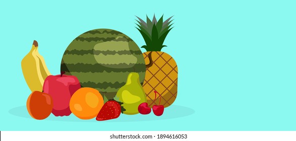 Fruit and berries vector banner. Vegetarian Food set with blue background. Strawberries, banana and pomegranate Illustation of fruit Pineapple or Apple. Orange, Watermelon apricot, pear, cherry
