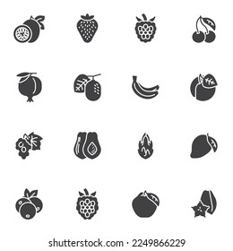 Fruit and berries vector icons set, modern solid symbol collection, filled style pictogram pack. Signs, logo illustration. Set includes icons as strawberry, cherry, pomegranate, banana, grapes, peach
