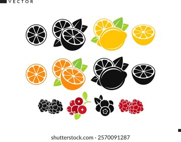 Fruit with berries vector. Isolated orange fruit lemon lime raspberry blackberry cranberry and blueberry. Natural food icon. Organic fruit. Vegan food logo. Vector illustration EPS