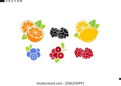 Fruit with berries vector. Isolated orange fruit lemon raspberry blackberry blueberry and cranberry. Vegetarian food icon. Organic fruit. Natural food logo. Vector illustration EPS