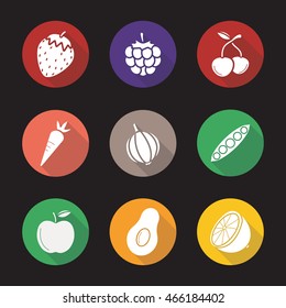 Fruit, berries and vegetables flat design long shadow icons set. Strawberry, raspberry, cherries, carrot, garlic, open pea pod, apple, avocado, lemon. Vector symbols