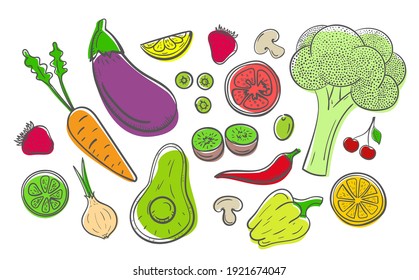 Fruit, berries and vegetables set. Colored vector set. Healthy food and vegan concept