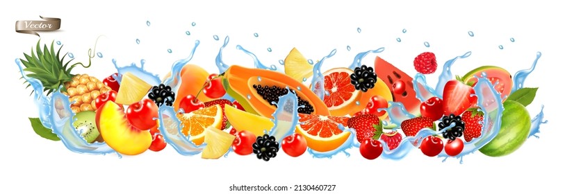 Fruit and berries in water splash panorama. Strawberry, apple, raspberry, blueberry, blackberry, orange, guava, watermelon, pineapple, mango, peach, grapefruit, papaya. Vector.
