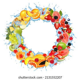 Fruit and berries in water splash round frame. Strawberry, raspberry, blueberry, blackberry, orange, guava, watermelon, apple, papaya, grape, pineapple, mango, peach. Vector.