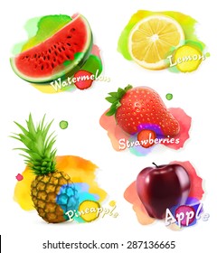 Fruit and berries watercolor, vector illustration set