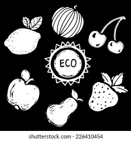 Fruit and berries white silhouettes set, funny hand drawn icons isolated on a black background. Art logo design