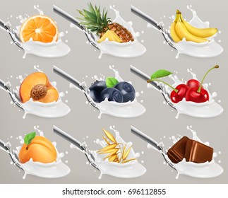 Fruit and berries yogurt. Milk splash. 3d realistic vector icon set