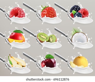 Fruit and berries yogurt. Milk splash. 3d realistic vector icon set