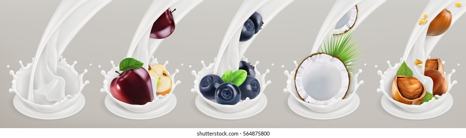 Fruit, berries and yogurt. Realistic illustration 3d vector icon set 5