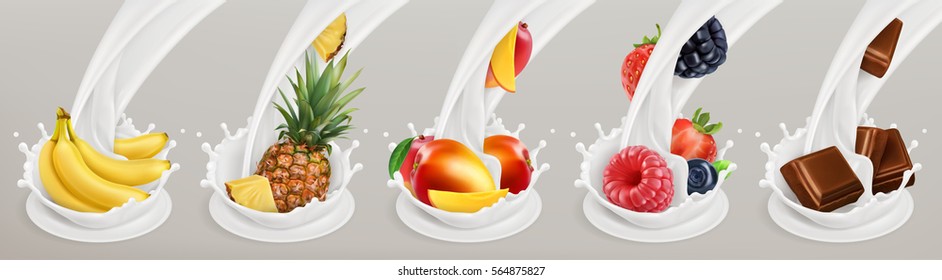 Fruit, berries and yogurt. Realistic illustration 3d vector icon set 3