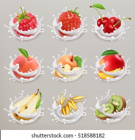 Fruit, berries and yogurt. Strawberry, raspberry, cherry, pear, peach, apple, mango, kiwi, grain. 3d vector icon set 1