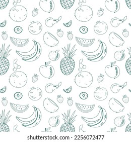 Fruit and berry background, abstract food seamless pattern. Fresh fruits wallpaper with apple, banana, strawberry, watermelon, line icons. Vegetarian grocery vector illustration, green white color