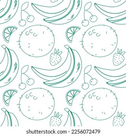 Fruit and berry background, abstract food seamless pattern. Fresh fruits wallpaper with banana, strawberry line icons. Vegetarian grocery vector illustration, green white color. EPS