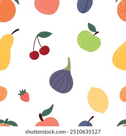 Fruit and berry background, abstract food seamless pattern. Fresh fruits wallpaper with apple, orange, pear, flat icons. Vegetarian grocery vector illustration.