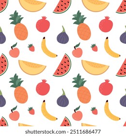 Fondo de frutas y bayas, comida abstracta, patrón sin fisuras. Fondo de pantalla de fruta fresca con sandía larga, dinamita, higo, fresa, textos iconos. Ilustración vectorial de comida vegetariana. EPS10.